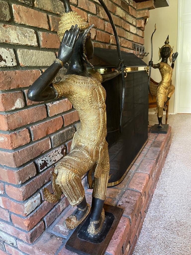Thai Bronze Archer Dancer Statues Pair Large Gilt Temple Sculpture Guardian Figures Vintage Asian Decor  Art Statement Luxurious Home Accent