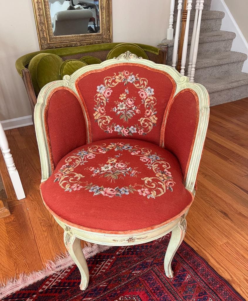 Vintage French Louis XV Salon Chair Floral Tapestry Red Needlepoint Seat Carved White Frame Rococo Vanity Accent Seating Unique Decoration