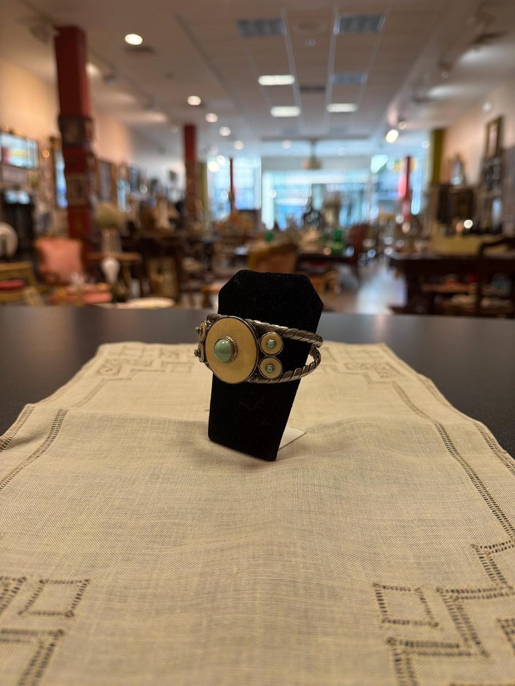 Vintage Southwestern Style Turquoise Cuff Bracelet Bone Inlay Silver Tone
