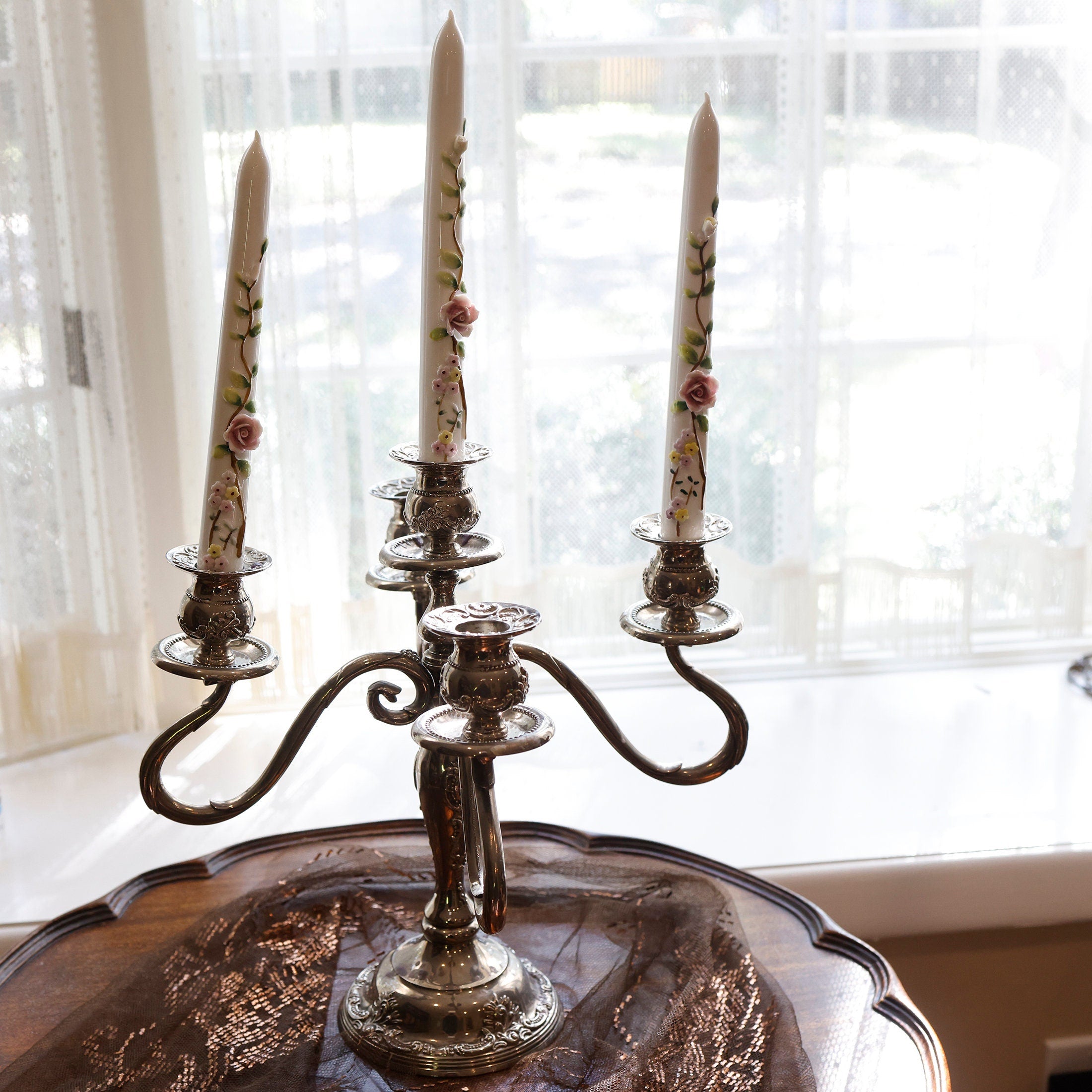 Vintage Ornate Silver Candelabra Five Arm Rococo Style Table Centerpiece Candle Holder Elegant Classic Home Decoration Baroque Charm Antique