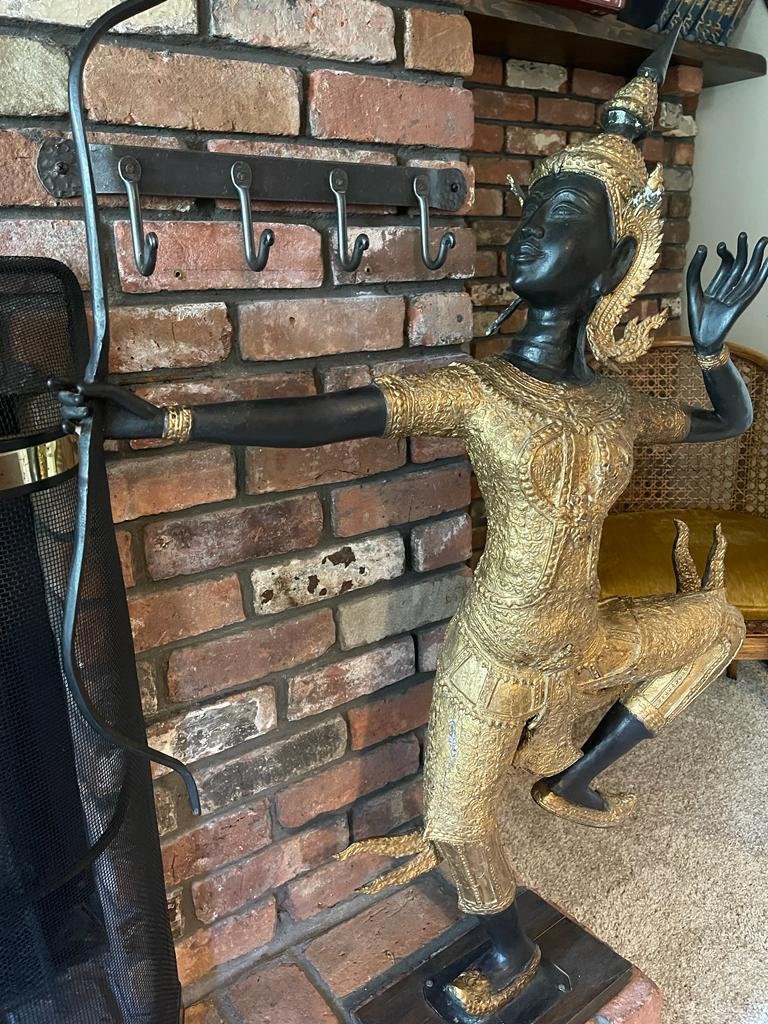 Thai Bronze Archer Dancer Statues Pair Large Gilt Temple Sculpture Guardian Figures Vintage Asian Decor  Art Statement Luxurious Home Accent