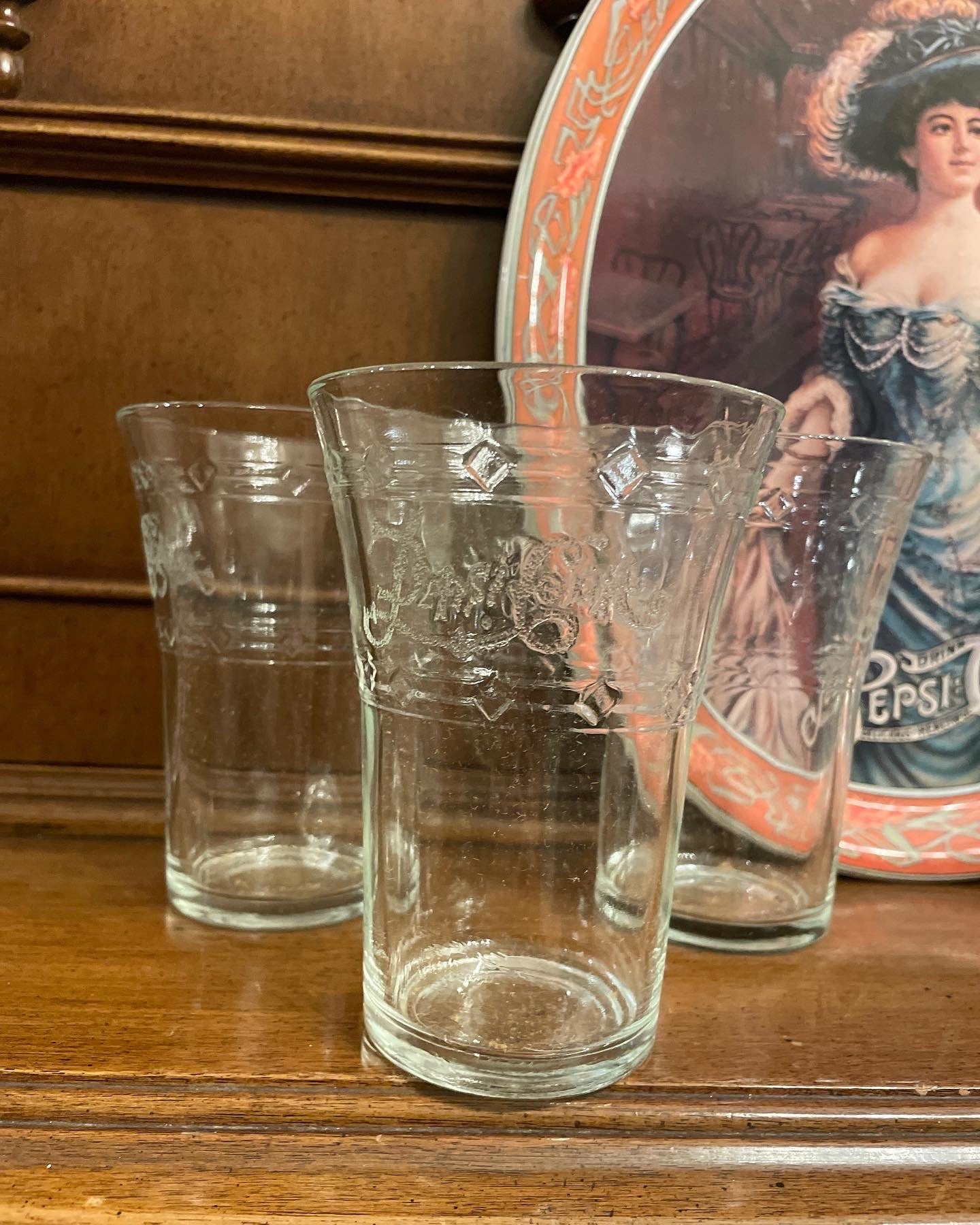 The Real Original Vintage Coco Cola Tray & Set of 6 Etched Glasses 1970s.Made in Usa