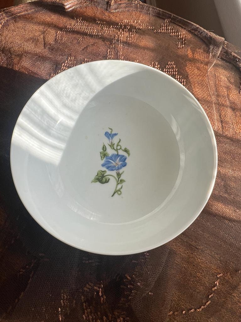 Vintage Floral Porcelain Bowl Black Background Pink Roses Blue Flowers Gold Accents Hand Painted Decorative Centerpiece Dish Collectible
