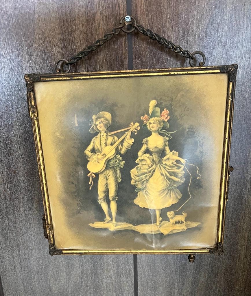 Antique Triple Vanity Mirror Beveled Glass Folding Wall Mirror Rococo Style Romantic Couple Print Brass Frame French Victorian Decoration