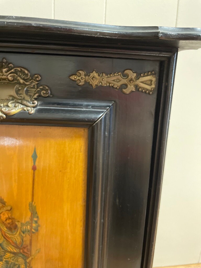 Spanish Style Ebonized / Brass Mounted 19. Century Wall Cabinet.Wood Shelf Nick Knack Wall Display Cabinet Hanging Cabinet H 22"x W 18"