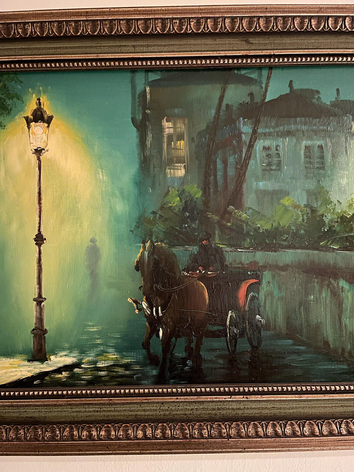 Vintage Wall Art Wood Oil Painting Horse Carriage Street Scene Night Cityscape Vintage Framed Artwork Victorian Era Style Signed Home Decor