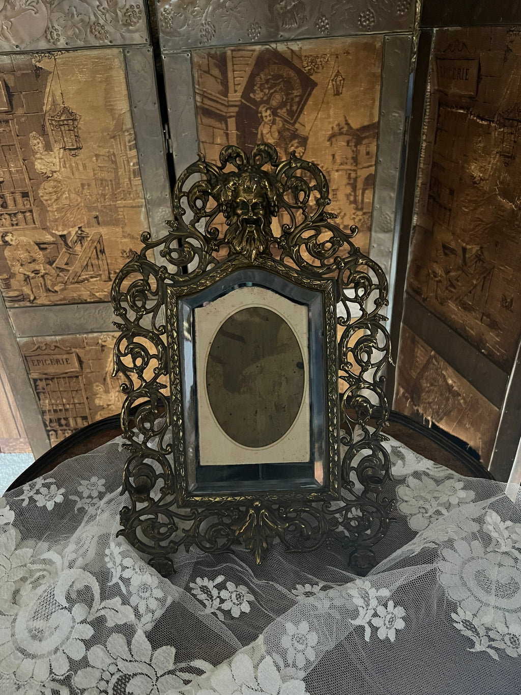 P.E. Guerin Brass And Copper Picture Frame With Repousse Satyr Collectible Mirrored Frame Rare 1850s Ornate Victorian Baroque Decoration