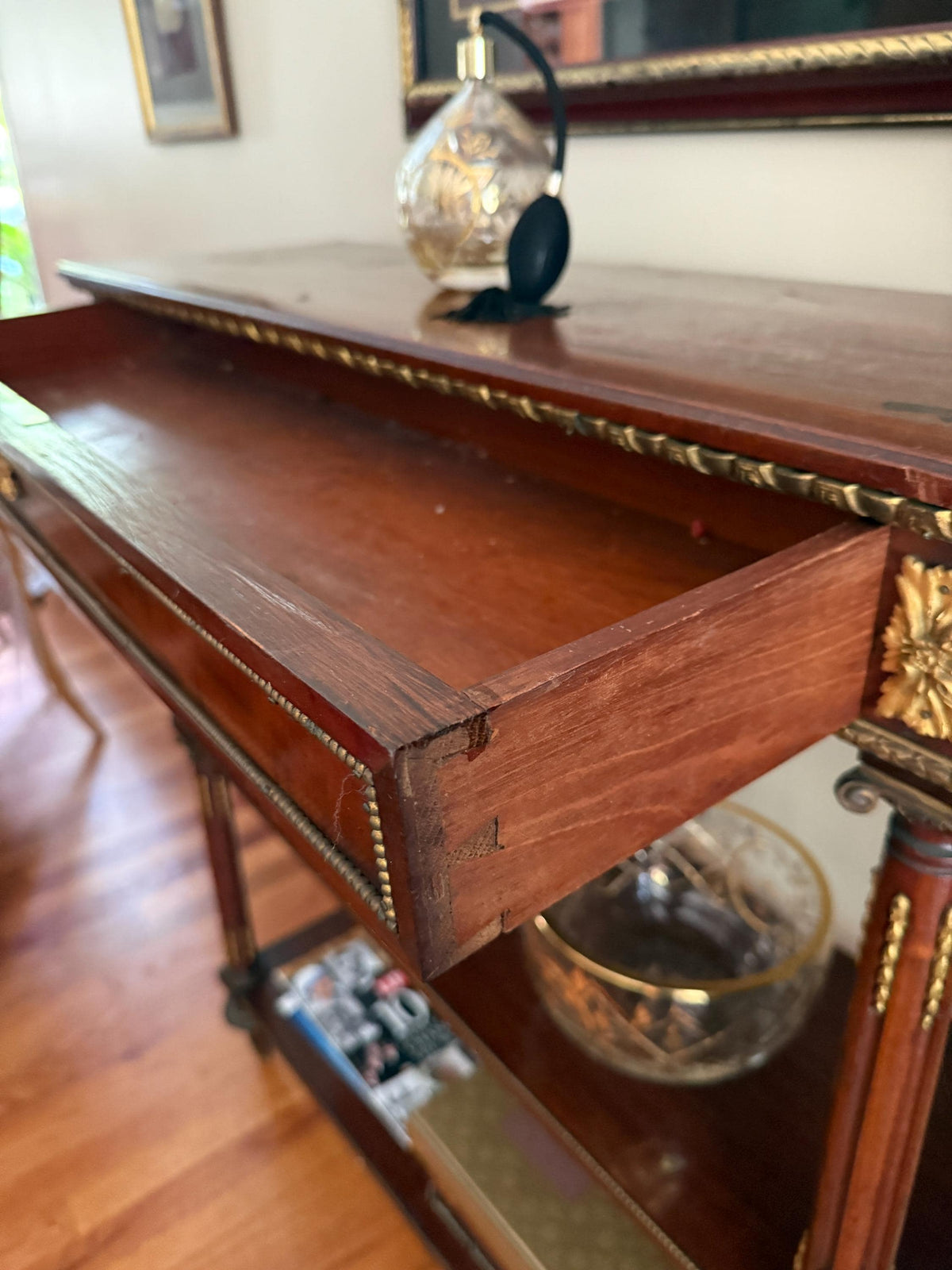 Antique French Empire Mahogany Console Table Three Tier Gilt Bronze Mounts Elegant Hallway Entryway Display Stand Decorative Furniture