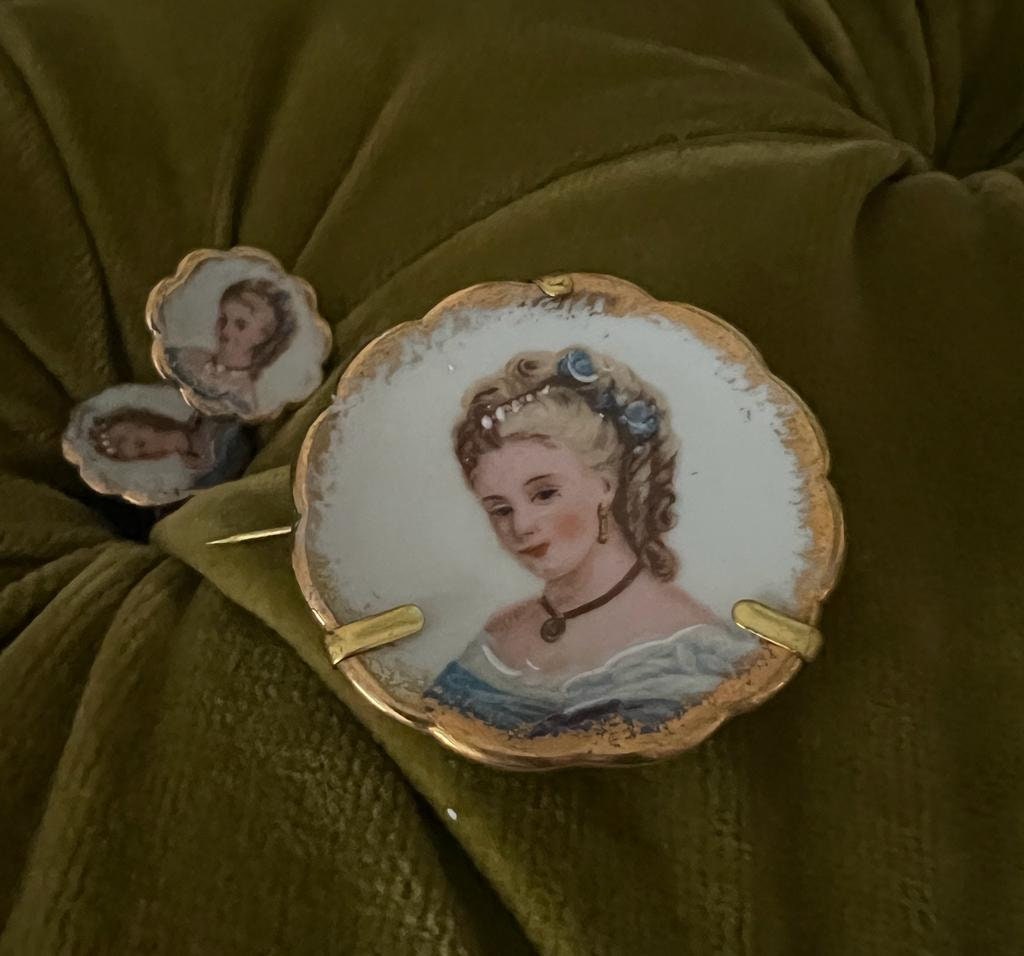 Vintage 1940s Limoges Hand Painted  Porcelain Cameo-like Trombone Clasp Screw Back Earrings and Brooch Set in Box Amazing Vintage Gift