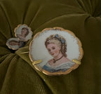 Vintage 1940s Limoges Hand Painted  Porcelain Cameo-like Trombone Clasp Screw Back Earrings and Brooch Set in Box Amazing Vintage Gift