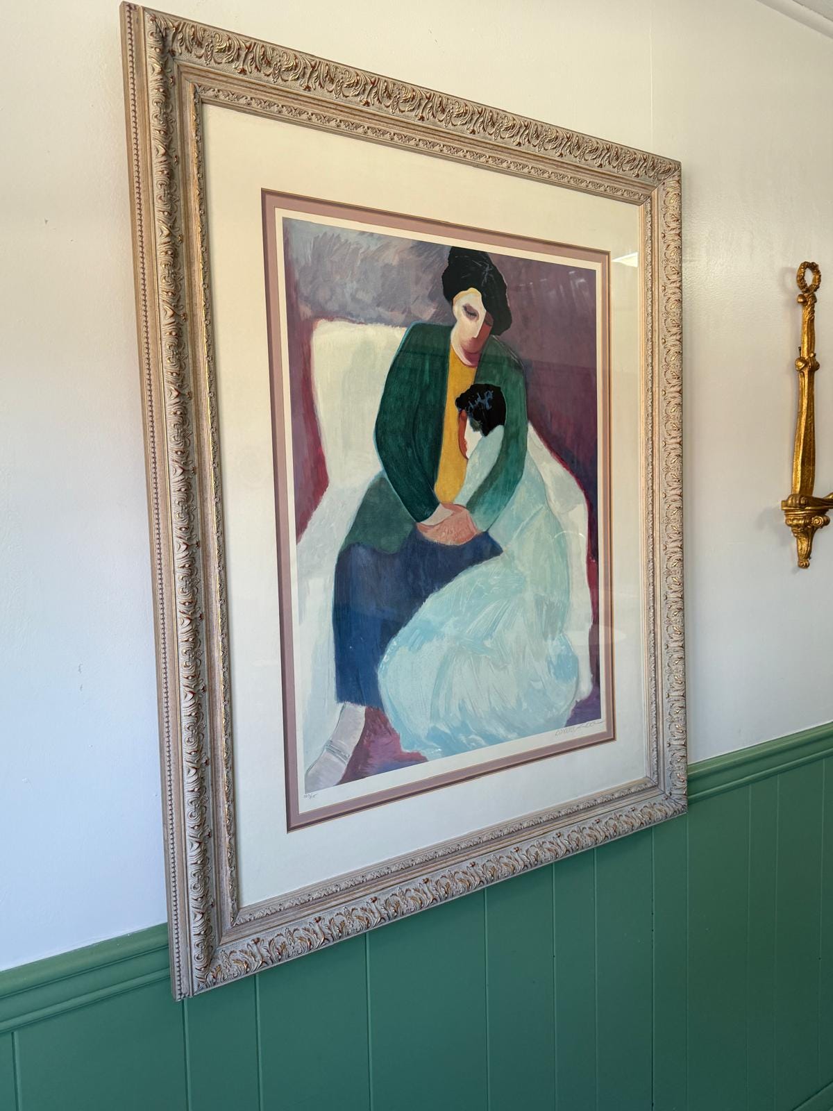 Vintage Framed Abstract Art Print Woman Child Ornate Gold Frame Colorful Modernist Design Home Décor Wall Accent Collectible Art Piece