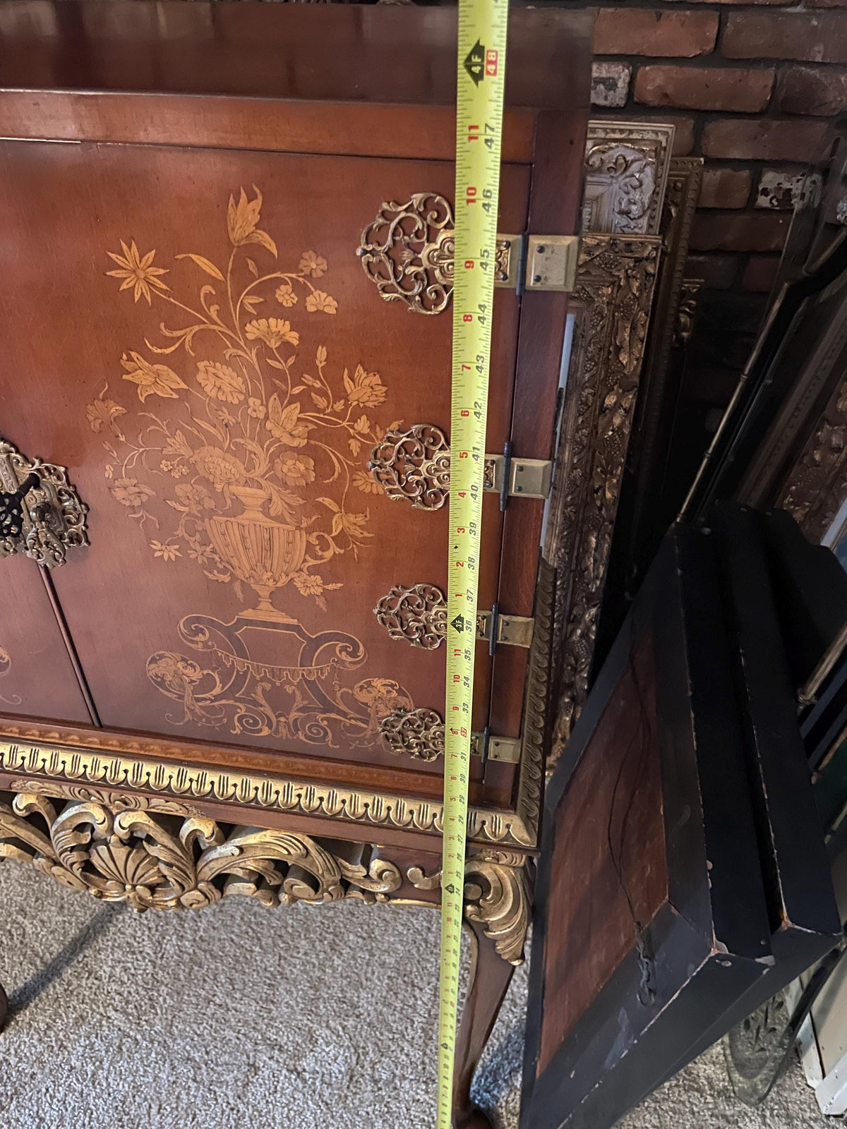 Vintage French Style Accent Cabinet, Floral Inlay, Gold Gilded Table Drink Cabinet