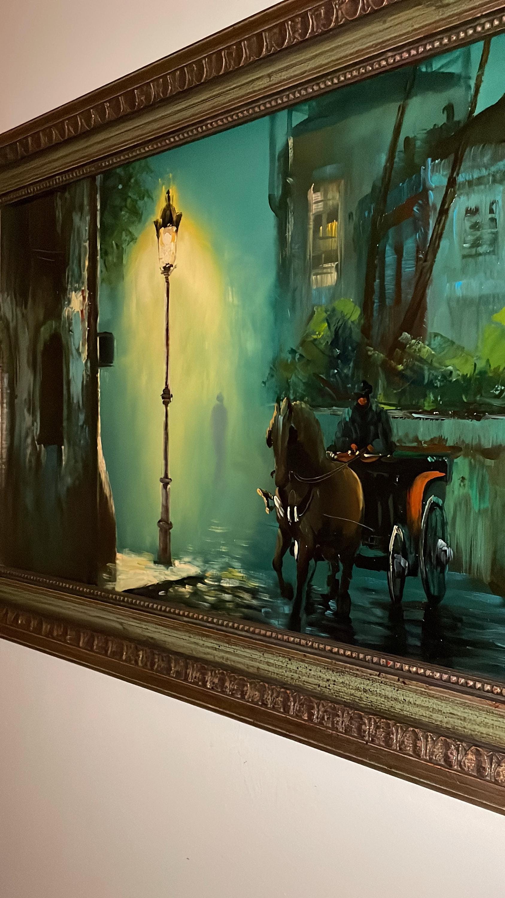 Vintage Wall Art Wood Oil Painting Horse Carriage Street Scene Night Cityscape Vintage Framed Artwork Victorian Era Style Signed Home Decor
