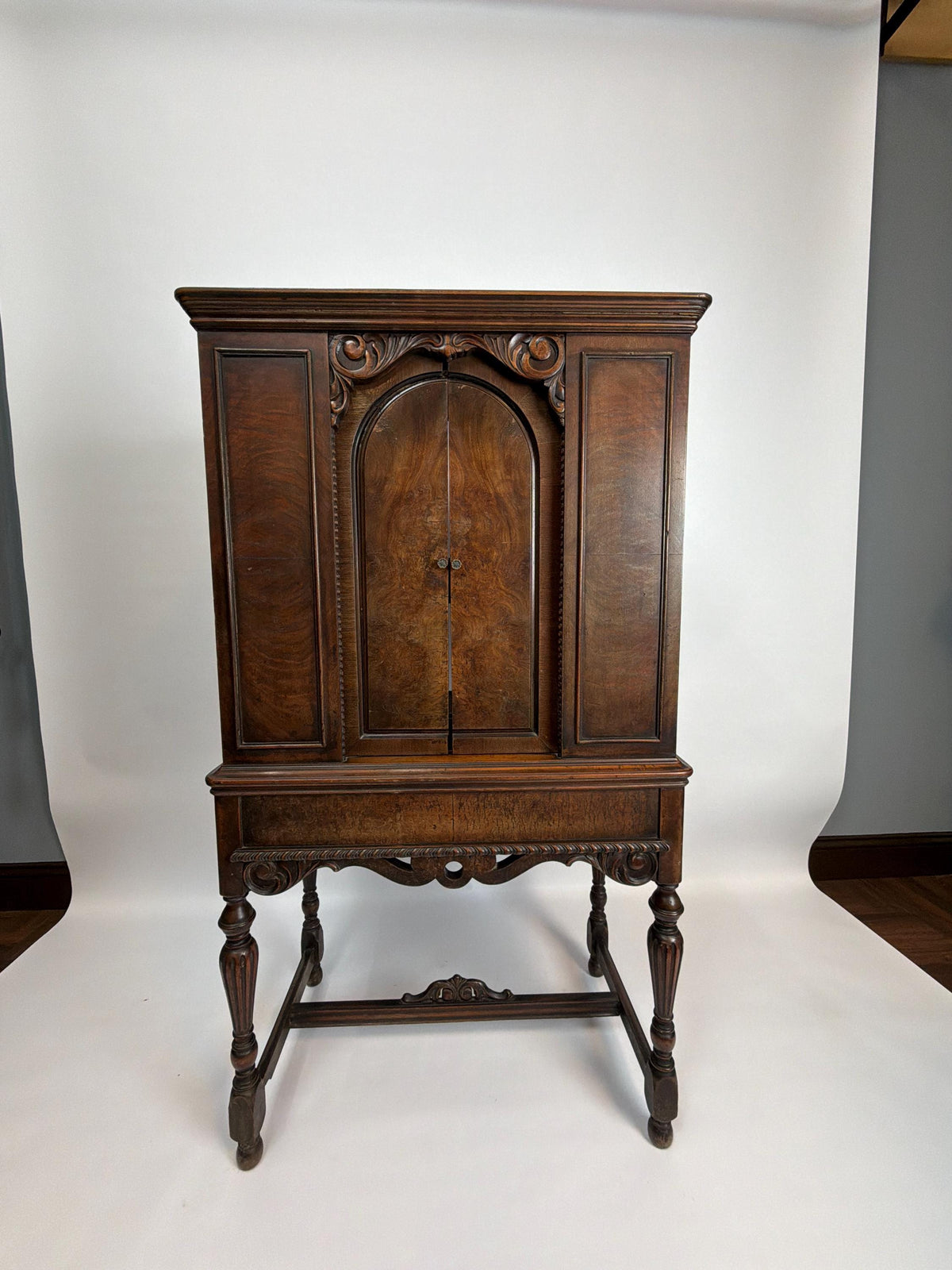 Antique Walnut Phonograph Cabinet: Jacobean Style Music Storage Furniture