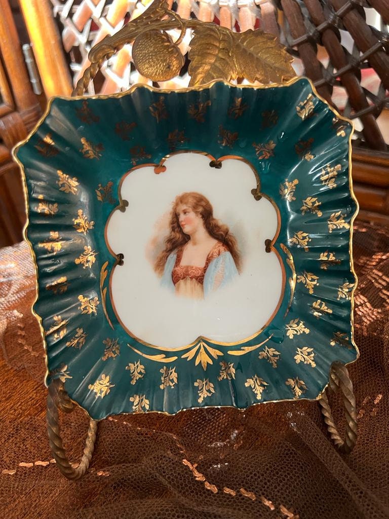 Antique Teal Porcelain Plate Set Hand Painted Lady Portrait Gold Gilded Victorian Decorative Dishware French Style Unique Wall Display