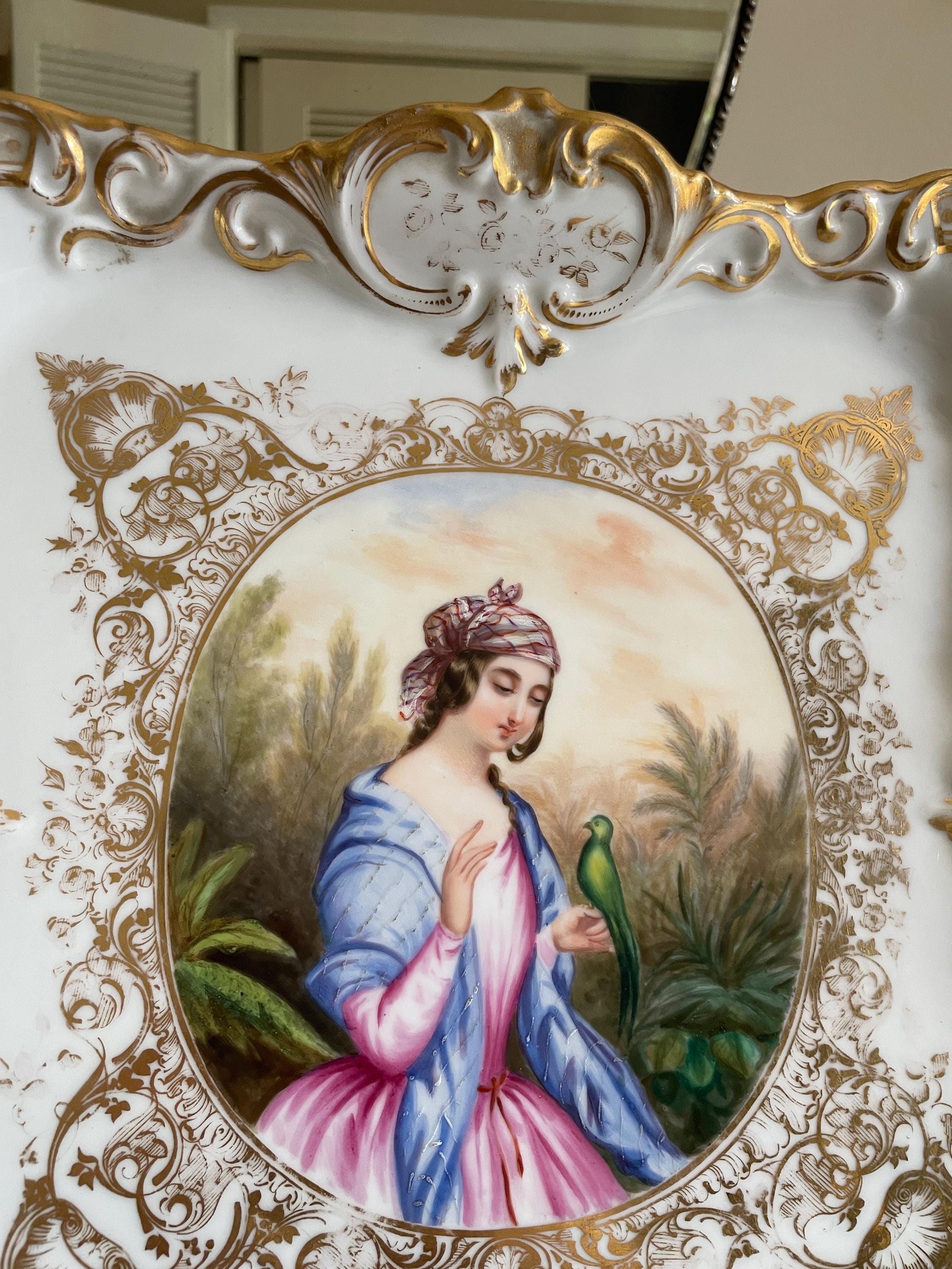 Antique Hand Painted Porcelain Tray Rococo Gold Gilt French Style Victorian Wall Hanging Figurative Decorative Plate Collectible Art Piece