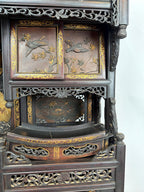 Antique Japanese Meiji Cabinet: Hand Carved Wood Birds, Floral Panels, Gilt Detail