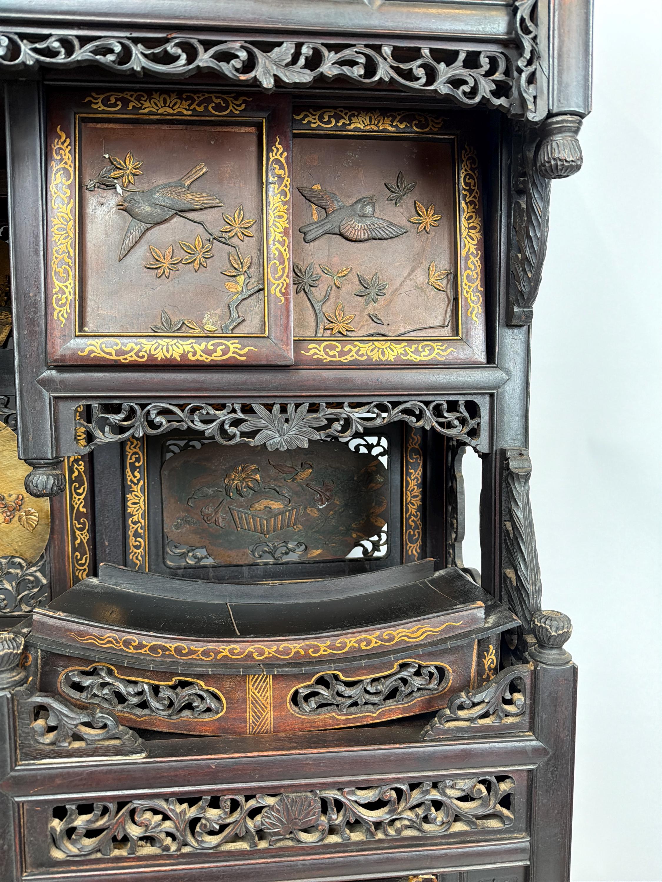 Antique Japanese Meiji Cabinet: Hand Carved Wood Birds, Floral Panels, Gilt Detail