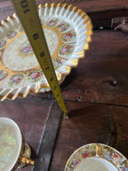 Vintage Set of 4 Fragonard Design Gold Gilded Porcelain Cake Stand  Cups Saucers  & Candy Dish