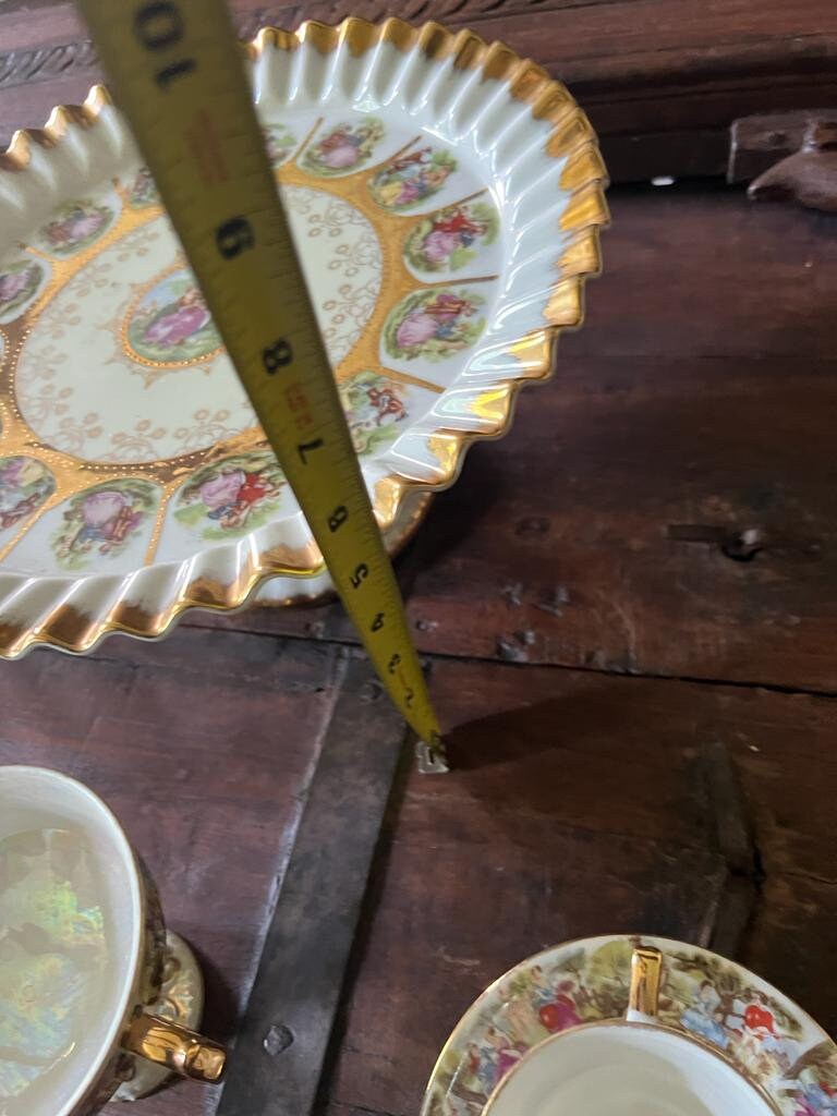Vintage Set of 4 Fragonard Design Gold Gilded Porcelain Cake Stand  Cups Saucers  & Candy Dish