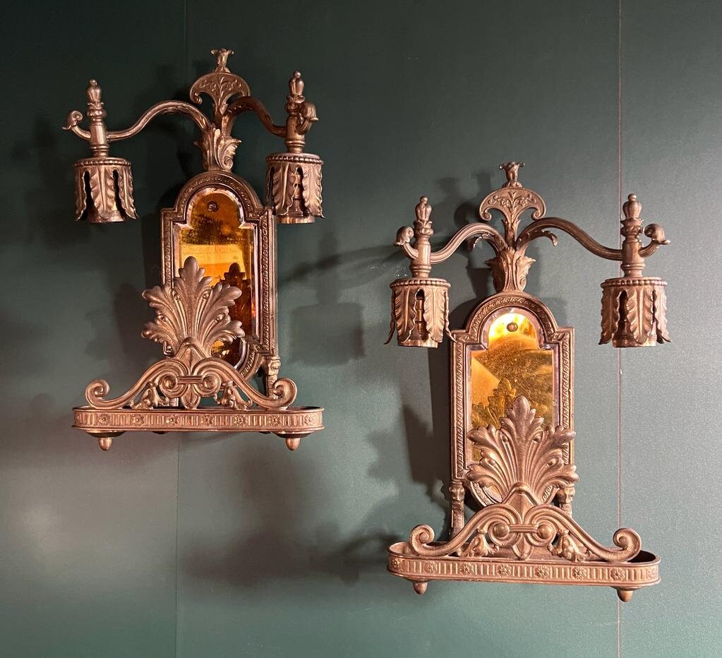 Antique Art Deco Bronze Wall Sconce Pair Leaf Motif Beveled Mirror Electric Light Fixture Ornate Gothic Revival Style Architectural Salvage