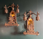 Antique Art Deco Bronze Wall Sconce Pair Leaf Motif Beveled Mirror Electric Light Fixture Ornate Gothic Revival Style Architectural Salvage