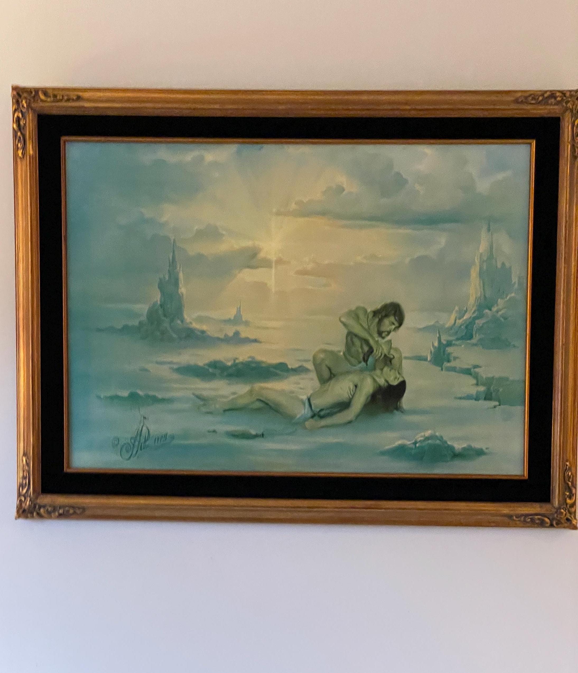 Vintage Signed Romantic Fantasy Landscape Painting Ornate Gold Frame Mystical Wall Art Collectible Mid-Century Home Decor Artwork Home Decor