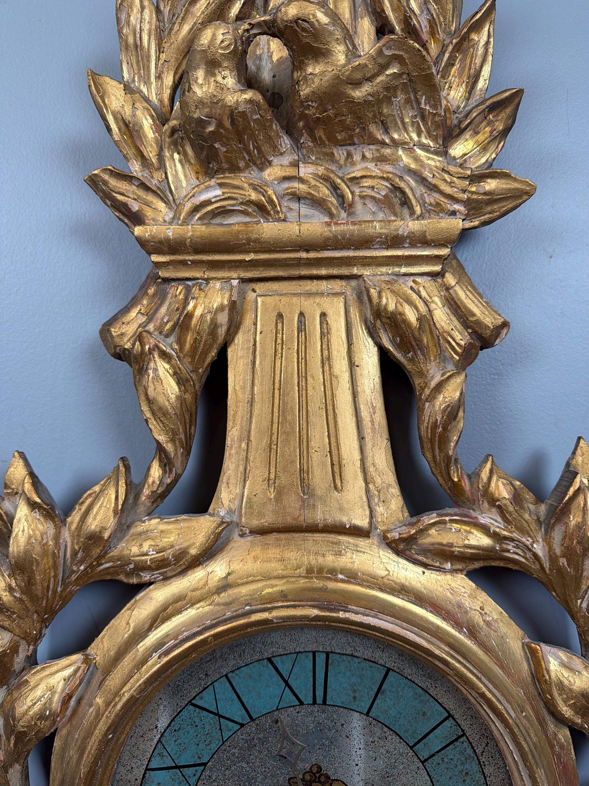 Antique French Giltwood Wall Clock, Carved Gold Leaf Lovebird Clock, Louis XVI Neoclassical Decor