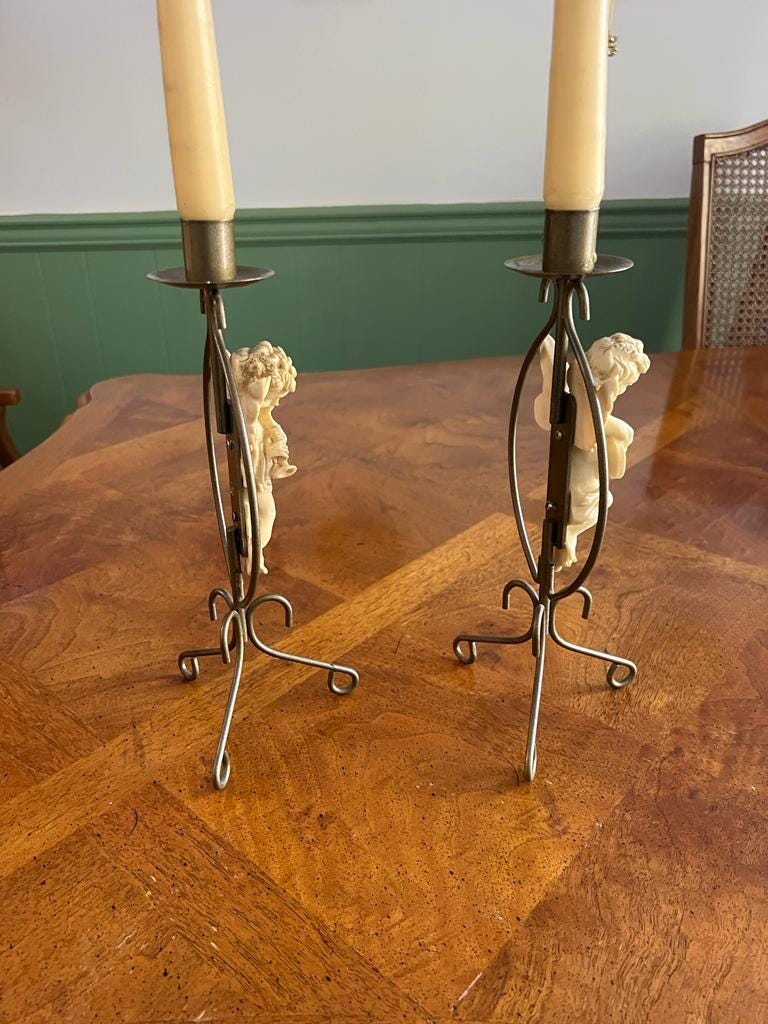 Pair of Vintage Metal Cherub Design Candlesticks Candleholder