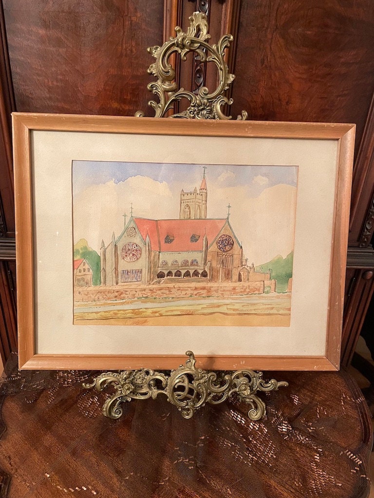 Vintage Watercolored Church Scene Hand Painting Framed