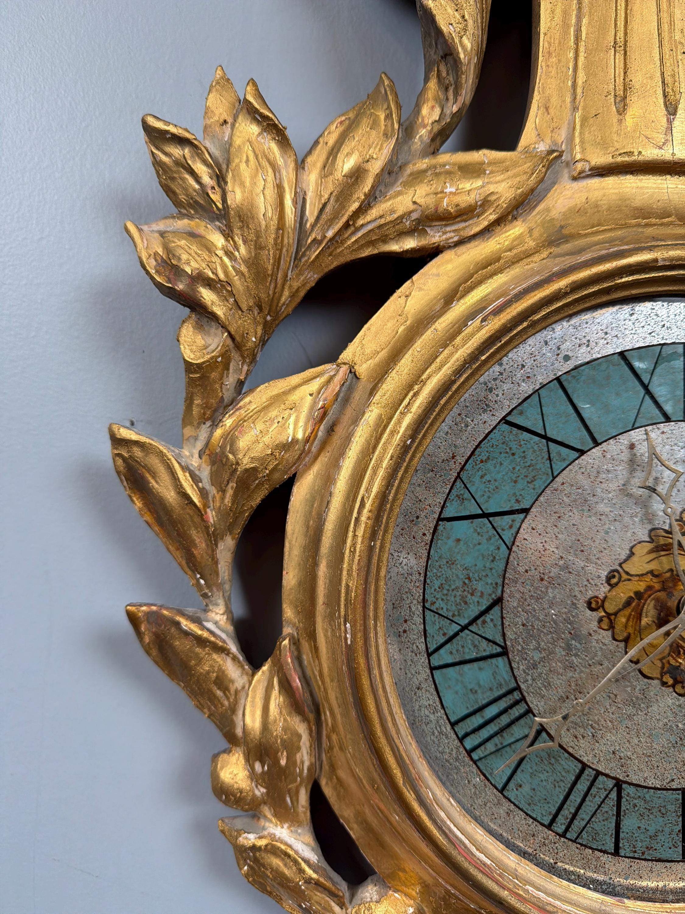 Antique French Giltwood Wall Clock, Carved Gold Leaf Lovebird Clock, Louis XVI Neoclassical Decor