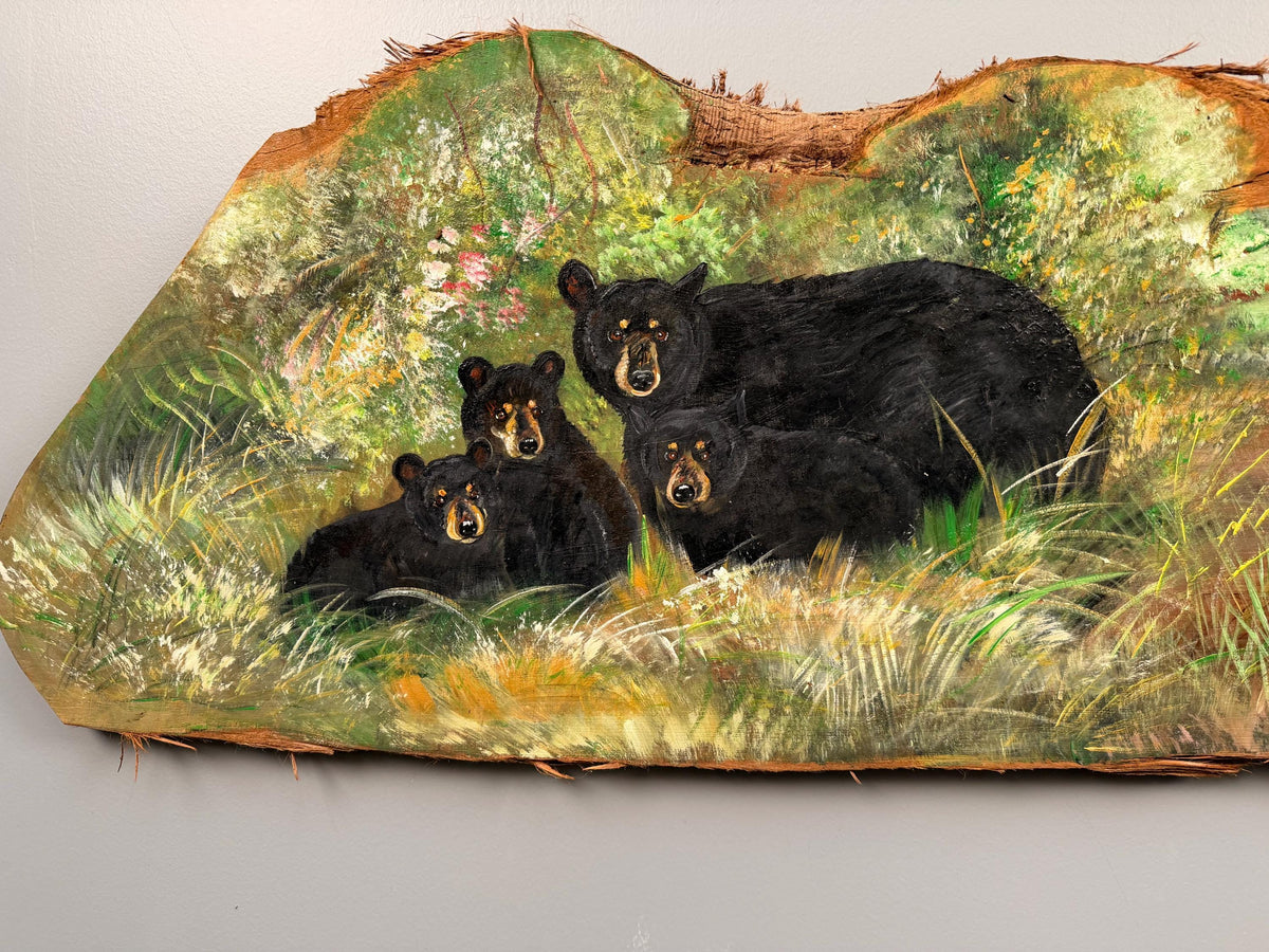 Vintage Wildlife Painting on Natural Wood Slab, Bears, Ducks, Heron, Rustic Folk Art