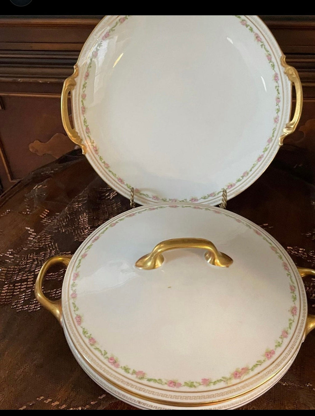 Limoges Old Abbey Porcelain Pink Floral Dinner Set Limoges Dinner Rim Plate Bowl Limoges Serving Dishes Gravy Tray Made in France 62 Pieces