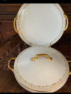 Limoges Old Abbey Porcelain Pink Floral Dinner Set Limoges Dinner Rim Plate Bowl Limoges Serving Dishes Gravy Tray Made in France 62 Pieces