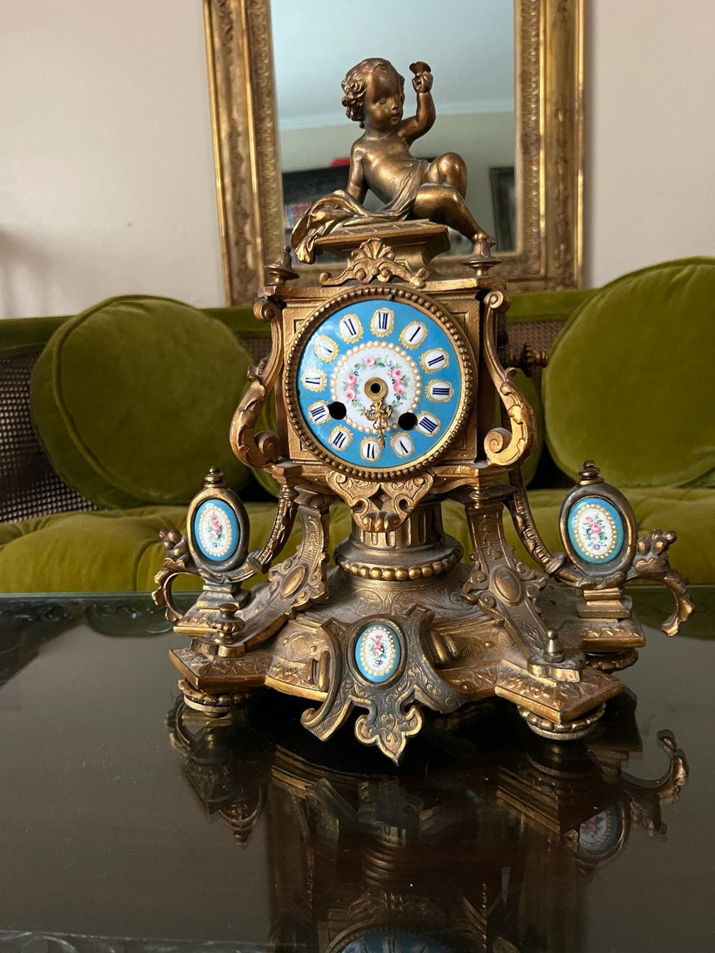 Antique French Bronze Cherub Mantel Clock Blue Porcelain Accents Rococo Gilt Rare Old Home Decor Unique Collectible Table Decoration
