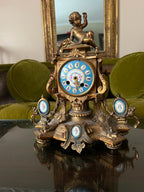 Antique French Bronze Cherub Mantel Clock Blue Porcelain Accents Rococo Gilt Rare Old Home Decor Unique Collectible Table Decoration