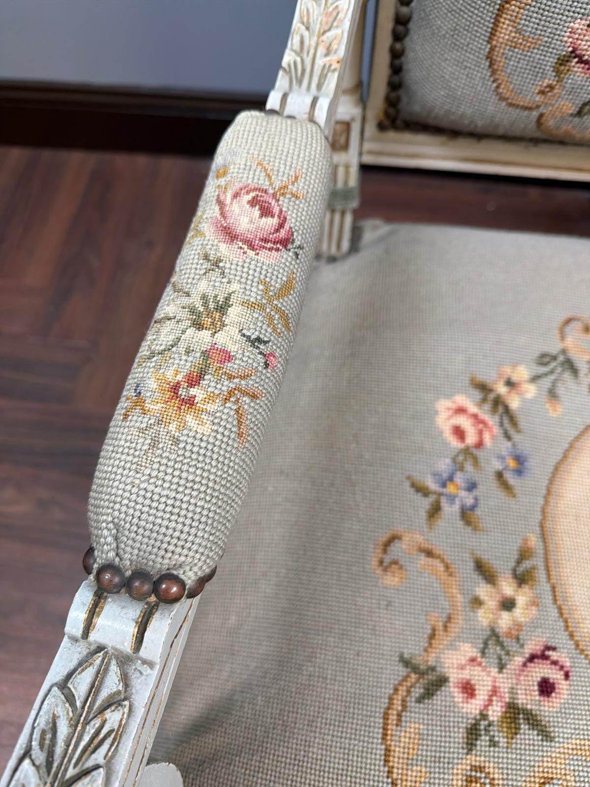 Vintage French Settee – Louis XVI Style Floral Needlepoint Loveseat
