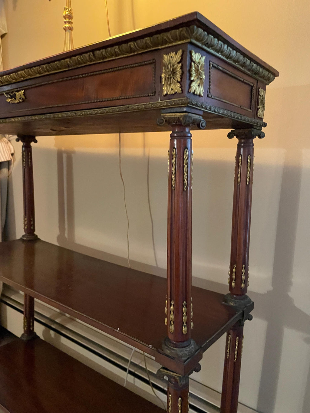 Antique French Empire Mahogany Console Table Three Tier Gilt Bronze Mounts Elegant Hallway Entryway Display Stand Decorative Furniture