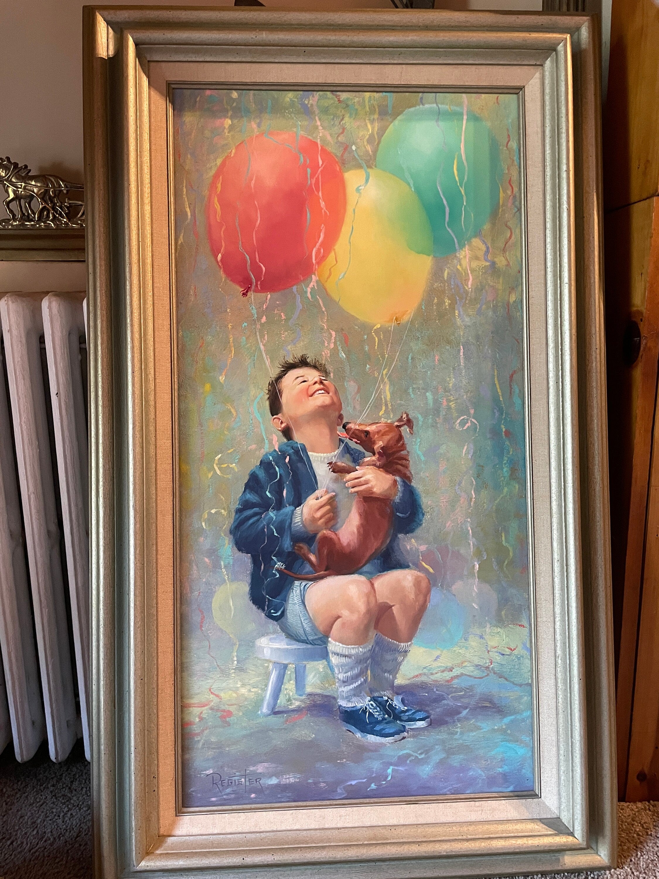 Vintage Painting Boy with Balloons and Puppy Whimsical Wall Original Oil Painting Reinter Signed. Decorative Wall Art 1950s Wall Art 35" 21"