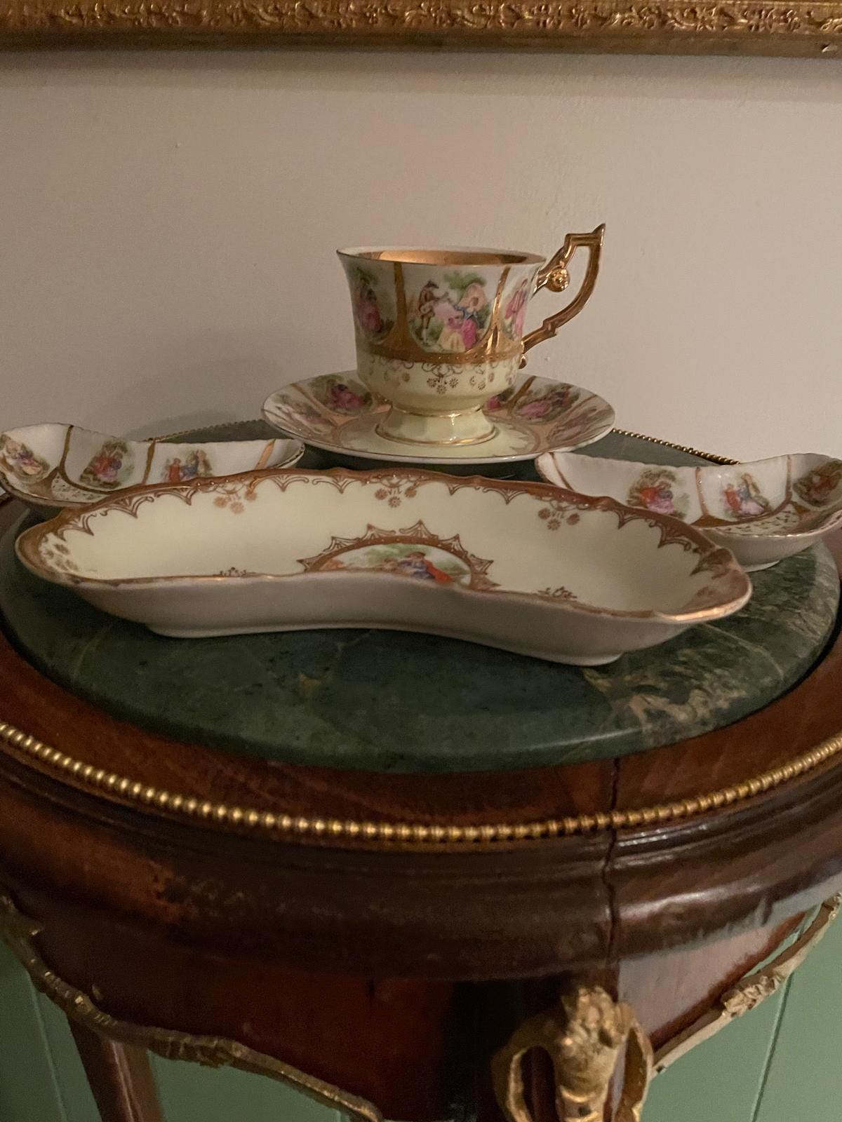Vintage German Porcelain Tea Snack Set Romantic Courting Scene Gold Trim Hand Painted Cup Tray Bowls Collectible Rococo Style Display Piece