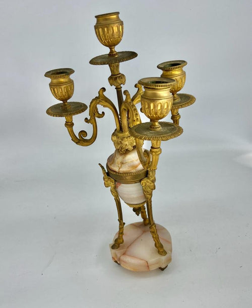 19th Century Alabaster Brass Mantel Clock Set Decorative Antique French Candelabra Pair Elegant Gilded Classical Style Home Display Decor
