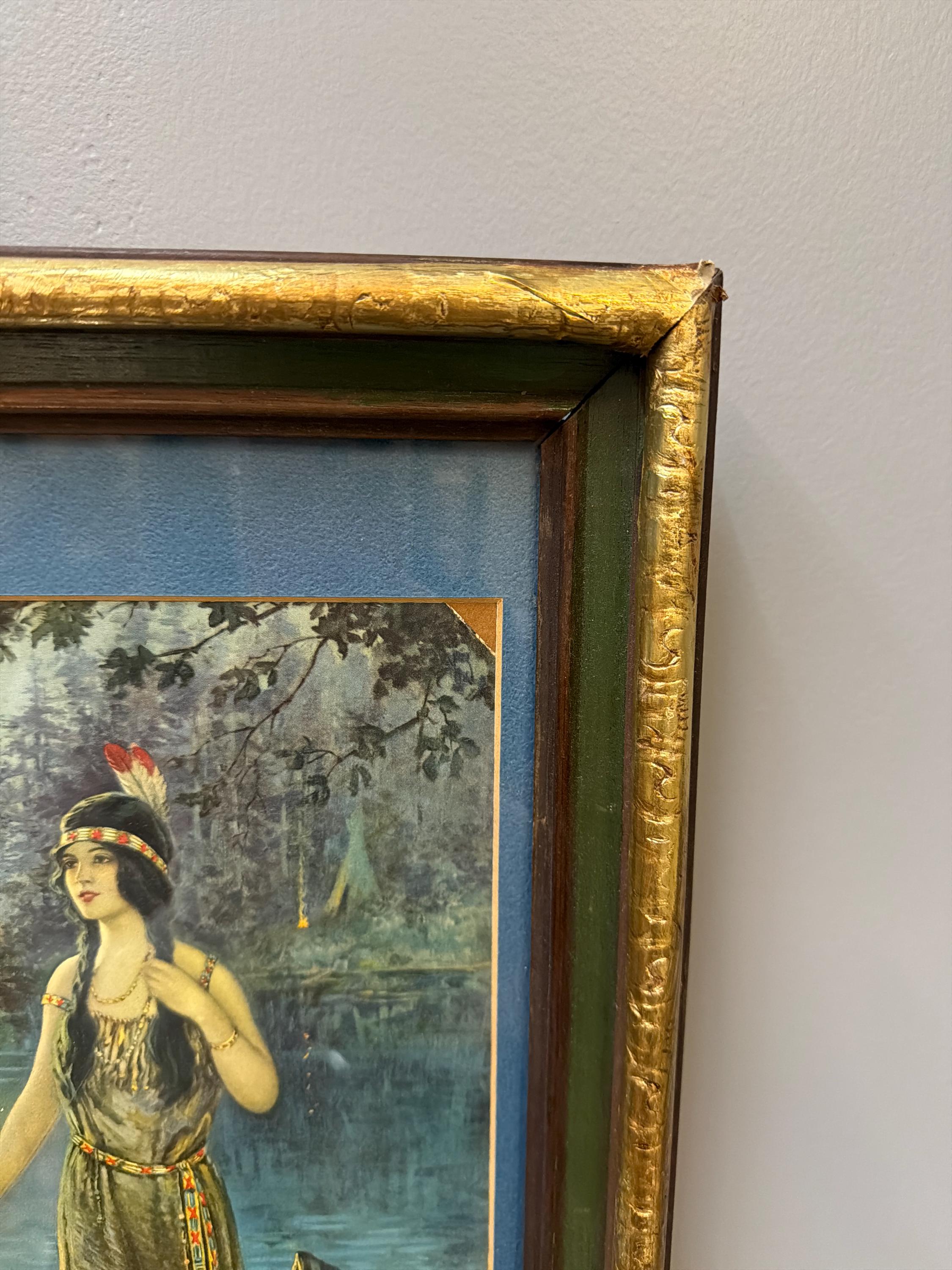 Vintage Gilt Wood Framed Native American Maiden Print, Moonlit Lake Canoe Scene, Antique Style Decorative Wall Art
