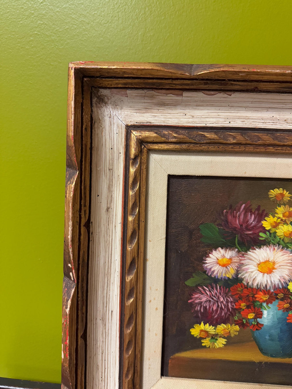 Vintage Floral Still Life Oil Painting in Ornate Wood Frame, Hand-Painted Chrysanthemums in Blue Vase, Farmhouse Wall Art Signed