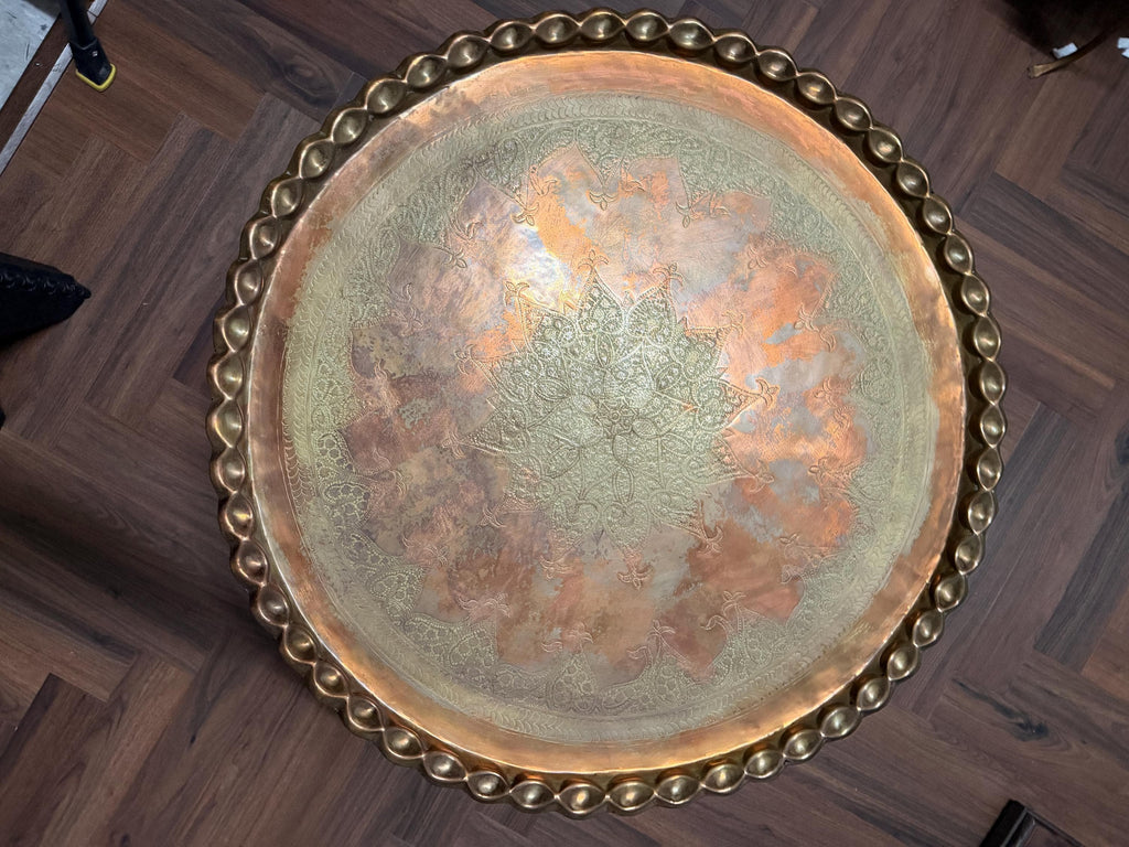 Vintage Brass Tray Table Folding Wood Base, Middle Eastern Moroccan Style Round Coffee Table