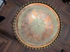 Vintage Brass Tray Table Folding Wood Base, Middle Eastern Moroccan Style Round Coffee Table
