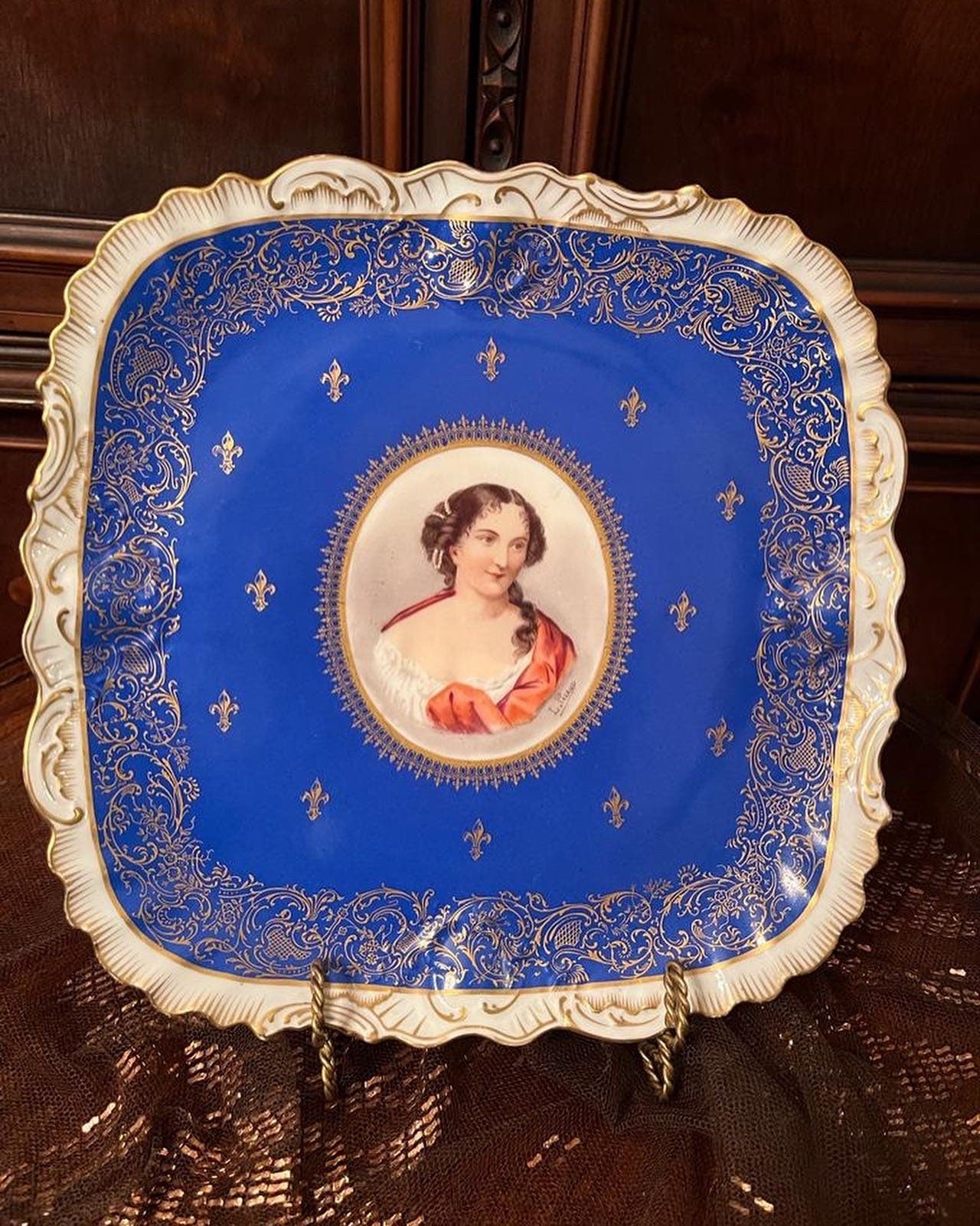 Antique Limoges D&C France Hand Painted Portrait Plate Cobalt Blue Gold Gilded Victorian Lady Elegant Wall Display Art Collectible Decor