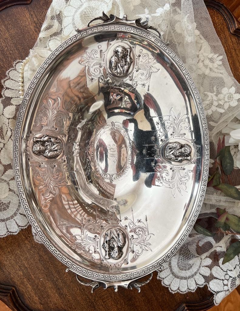 Antique Silverplate Footed Centerpiece Bowl Victorian Embossed Lion Head Decorative Dish Table Display Ornate Classical Revival Style