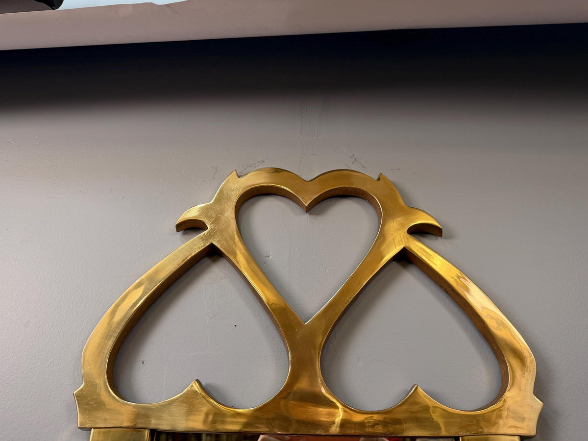 Vintage Beveled Brass Rectangular Entryway Wall Mirror with Heart Detail, 44” Tall