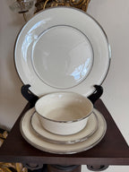 Set of 6 Lenox Solitaire Ivory Bone China Dinnerware Platinum Trim Elegant Dinnerware Set Salad Plates Dinner Plates Salt & Pepper Shakers