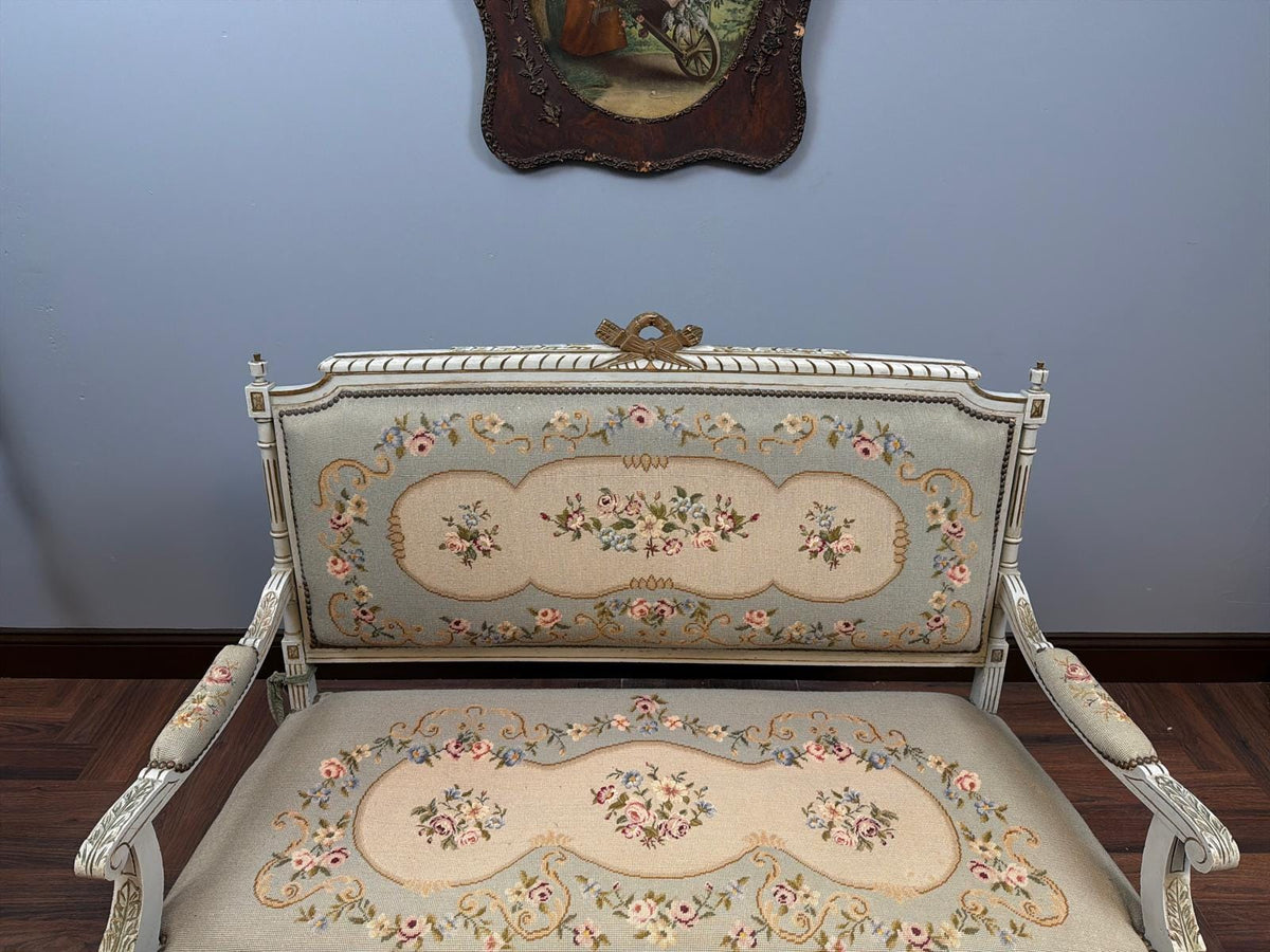 Vintage French Settee – Louis XVI Style Floral Needlepoint Loveseat